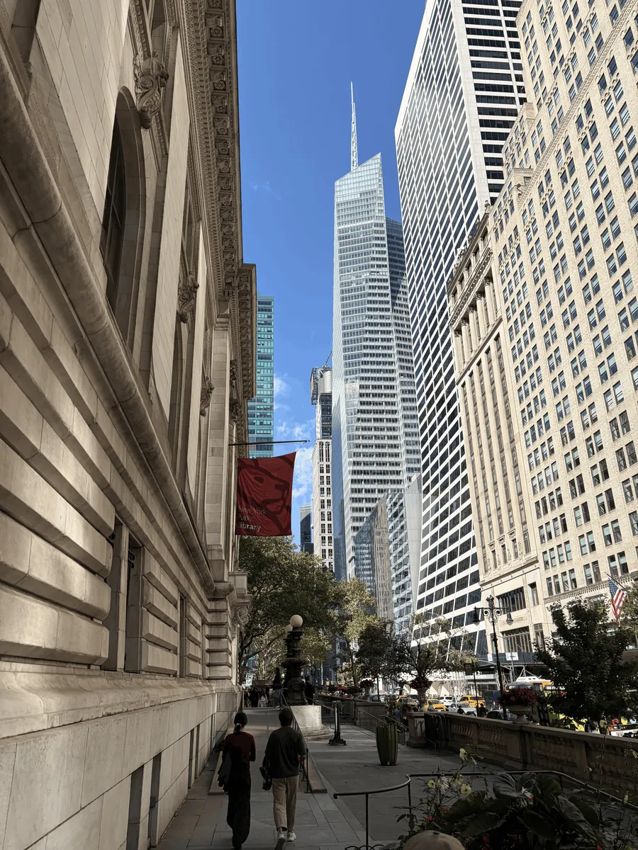 Walking past the New York Public Library toward Bryant Park